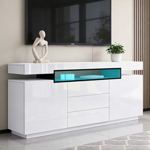 BESTWANTED Modern White High Gloss Sideboard Cupboard 160 x 35 x 72cm 2 Doors 3 Drawers LED Light Sideboards for Living Room Cabinets Kitchen Home Office