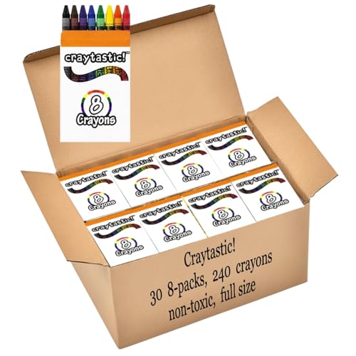 Craytastic! Bulk Crayons, 30 Individual Boxes of 8 colors/count Class Pack - Full Size, Premium (Red, Yellow, Green, Blue, Purple, Brown, Black) SAFETY TESTED COMPLIANT WITH ASTM D-4236