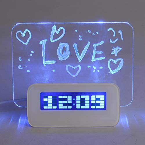 Baban Horloge réveil/calendrier/thermomètre numérique LED multi-fonctions + Tableau mémo fluorescent + Surligneur + mode d'emploi (français non garanti) avec 4 ports USB (lumière bleue)
