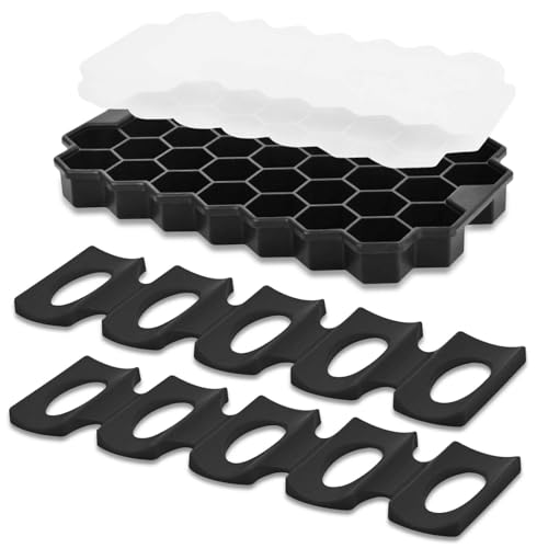 Cisyia Juego de 3 bandejas grandes de silicona para cubitos de hielo con tapa y estante para botellas de refrigerador, estante de vino para nevera, soporte para botellas de agua, organizador de