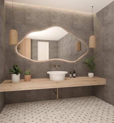 KT WALL ART Asymmetrical Bathroom LED Mirror, Modern Irregular Shape Wall Mirror with LED Lights, Frameless Aesthetic Backlit LED Illimunated Vanity Mirror (20" x 10" inc) - Image 3