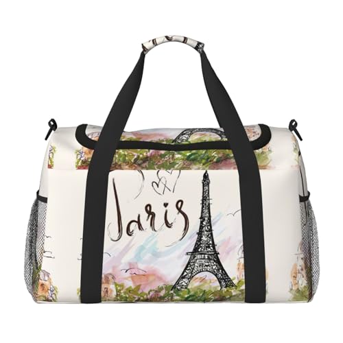 Sac de nuit imprimé Tour Eiffel noir pour le week-end et le sport
