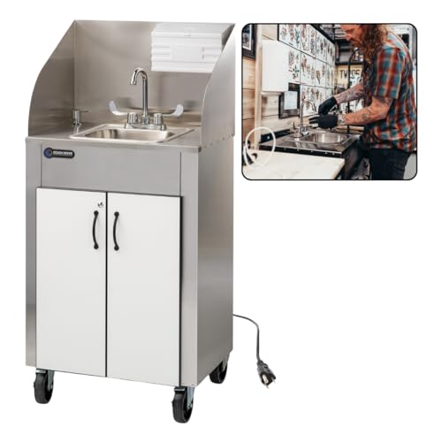 Ozark River Portable Sinks Elite PRO1, Free Standing Portable Concession Sink, Commercial Restaurant Portable Sink with Hot Water, Stainless Food Service Sink, White & Black Doors-Splashguard