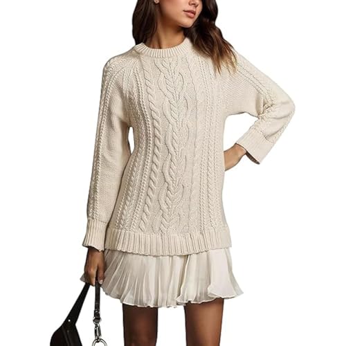 Women Crewneck Cable Knit Sweater Mini Dress Long Sleeve Sweater Dress with Pleated Skirt Fall Knit Dresses