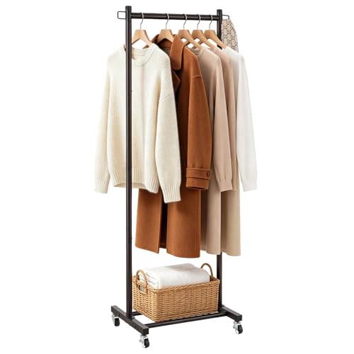 LiaMeE 63 Inch Tall Clothes Rack with Wheels, Heavy Duty Metal Garment Rack with Shoe Shelf, Rolling Clothing Rack Holds 110lbs, Small Space Wardrobe Rack for Bedroom Laundry, Black by LiaMeE - Used condition - US$25.22