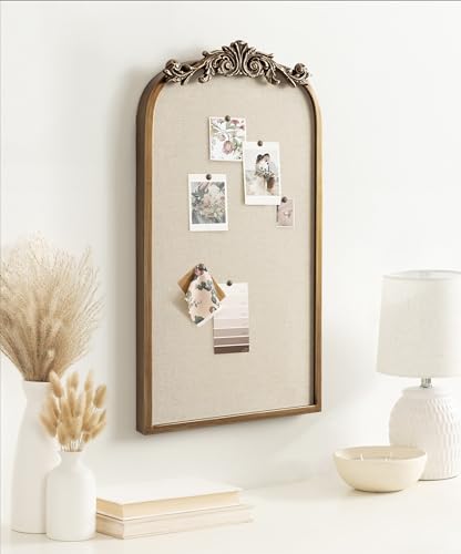 Image of Kate and Laurel Arendahl Arch Pinboard; Gold; 13 x 25; Framed Arched Ornate Vintage Cork Board for Unique Display; Organization; and Decor Options