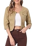 Allegra K Denim Jacket for Women's Collarless 2025 Cardigan 3/4 Sleeve Crop Jean Jackets Large Khaki