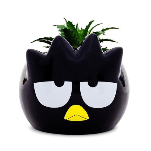 Silver Buffalo Sanrio Badtz-Maru 3-Inch Sculpted Ceramic Mini Planter with Artificial Succulent | Cute Flower Pot, Faux Indoor Plants