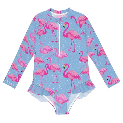 Girls Swimsuit Long Sleeve Fake Glitter Cartoon Flamingo Blue Girls Swimming Suits Toddler Bathing Suit