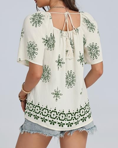 IEEILULU Womens Summer Boho Tops Square Collar Floral Print Loose Fit Blouses Tunic Casual Beach Vacation Shirts White Green XL — view 2