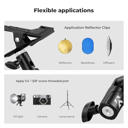 K&F CONCEPT Photography Reflector Holder, Photo Video Studio 5/8\" Heavy Duty Metal Clamp Attachment, Light Stand Clip Mount with Umbrella Hole for Diffuser, Lighting - Thumbnail 4