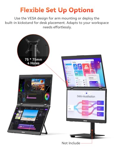 Image of HotYeah Triple Laptop Screen Extender, 15.6 inch 1080P FHD IPS Folding Stacked Portable Dual Monitor, USB C Travel Extended Computer Display w /VESA, 180Rotation, Plug & Play for Laptops (Windows Only)
