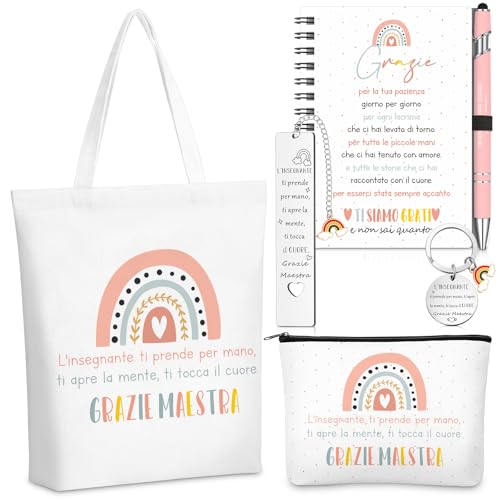 Hestya 6 Cadeau de Remerciement pour Enseignants Sacs en Toile Arc-En-Ciel avec Trousse de Maquillage Carnet à Spirale Marque-Page Stylo à Bille et...