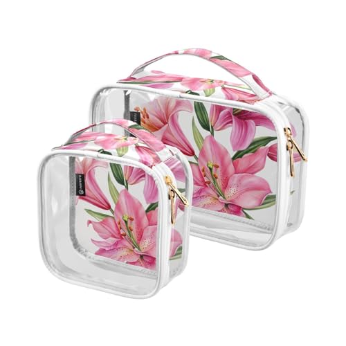 Trousse de toilette de voyage transparente, bouquet de fleurs de lys roses, 2 pièces, trousse de maquillage portable, sac cosmétique transparent, pochette de rangement de voyage, A1350, Trousse de