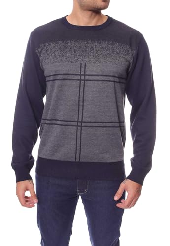 Men's Lightweight Crew Neck Pullover Sweater – 100% Polyester, Long Sleeve, Navy Blue with Striped Square Pattern on Front (US, Alpha, Large, Regular, Regular, Printed)