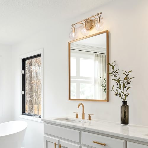 Image of KSANA Gold Bathroom Light Fixtures, 20'' Modern Vanity Lights with Clear Teardrop Glass Shade, 3-Light Bathroom Lighting Over Mirror