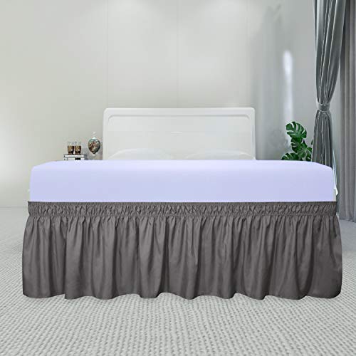 Purefit Wrap Around Ruffled Bed Skirt With Adjustable Elastic Belt - 18 Inch Drop Easy To Put On, Wrinkle Free Bedskirt Dust Ruffles, Bed Frame Cover For Queen, King And C-King Size Beds, Dark Gray #TOP1