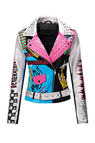 RISISSIDA Studded Leather Jacket Women Moto...