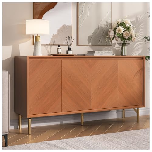 Image of 59 inch Sideboard Buffet Cabinet with Storage, Mid Century Modern Accent Cabinet with Herringbone Doors & Adjustable Shelves, Decorative Media Console Credenza for Living Room Kitchen Entryway, Red Walnut