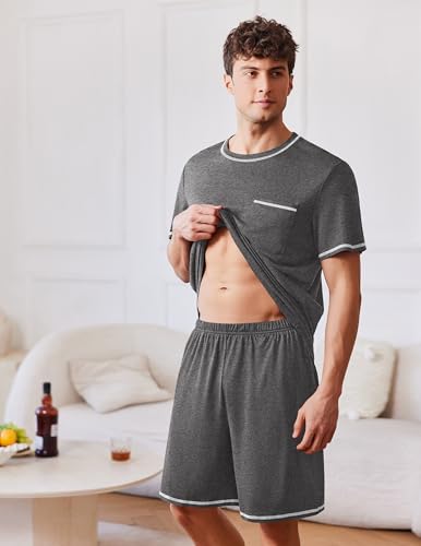 Image of Ekouaer Men's Pajamas Set Casual Short Sleeve Shirts and Shorts Soft 2 Piece Loungewear With Pockets
