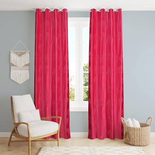 Image of Heavy Quality Punch Tree Curtains 5 Feet Long Set of 1 Pcs | Pink Window Curtains for Living Room, Bedroom | Lightweight 5 Feet Long Drapes for Home Decoration