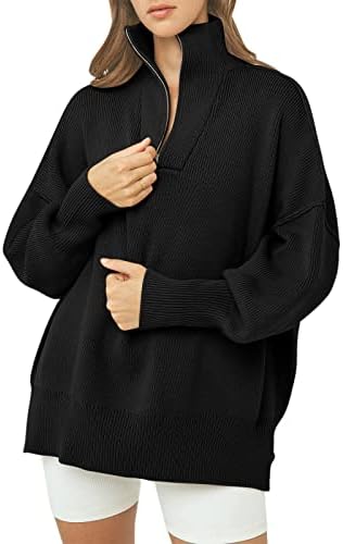 ANRABESS Women's Long Sleeve 1/4 Zipper Collar Drop Shoulder Oversized Slouchy Sweatshirt Pullover Sweater Top 566heise-M Black