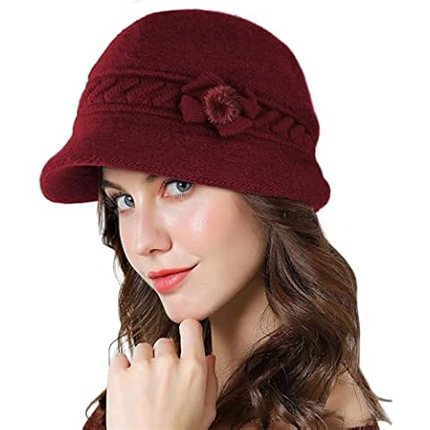Adigaber Winter Women Knit Hat Angora Blend Bowler Hat Elegant Braided Cap with Thick Fleece Lined Claret Cover