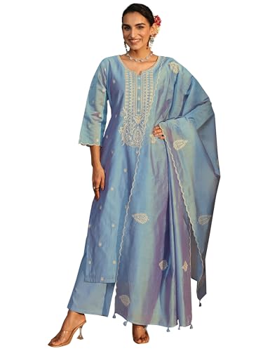 Image of Libas Art Embroidered Silk Blend Straight Kurta With Trousers and Dupatta | ethnic wear | bridal suit | wedding dress | occasion wear