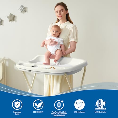 Image of Sweeby Baby Changing Table, Large Diaper Organizer for Baby Essentials,Adjustable Height and Portable, Waterproof Changing Table Pad Topper, Mobile Nursery for Infant and Newborn, Cream