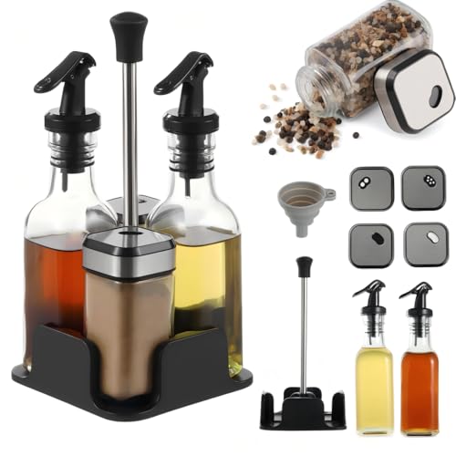 Moreau Vinagreras Y Aceiteras De Mesa, Set De Sal Y Pimienta, 2 Botella De Aceite 200 ml, 2 Saleros De 100 ml con Tapas Giratorias De Acero Inoxidable, Vinagreras Y Aceiteras De Mesa Con Soporte