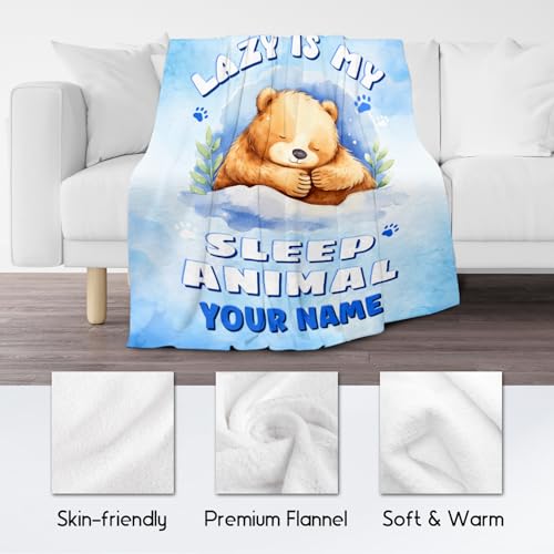 Custom Bear Blanket, Cute Soft Throw Gifts for Girls, Cozy Flannel Throw Blankets for Couch Office, Blue 40"x50"
