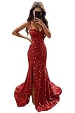 Sevintage Sequin Prom Dresses Women Mermaid Sparkly Tight Spaghetti Straps Long Evening Party Formal Gowns Backless Red US0