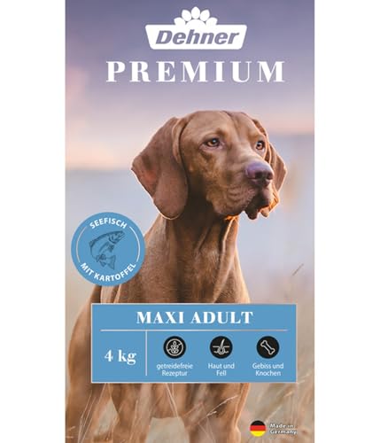 Dehner Premium Hundefutter Maxi Adult, Trockenfutter getreidefrei, für ausgewachsene Hunde großer Rassen, Fisch / Lamm / Kartoffel, 4 kg