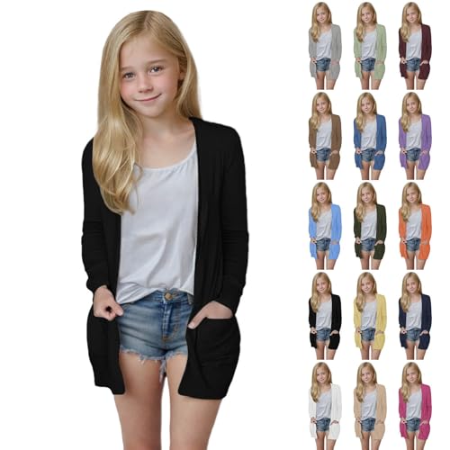 Girl's Casual Cardigan Lightweight Solid Fashion Open Front Tops Loose Fits Long Sleeve Teen Outwear 5-14 Years