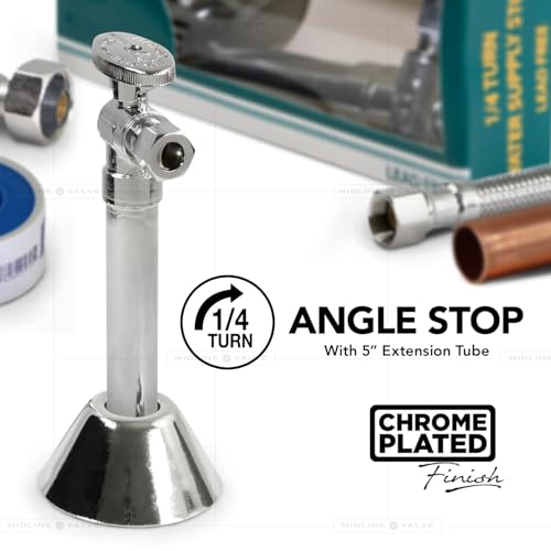 Image of Midline Valve 83212QS-OM-5 Water Supply Angle Stop Valve with 5'' Extension Tube; 1 /4 Turn Handle; 1 /2 in. SWT x 3 /8'' COMP; Chrome Plated Brass (5 Pack)