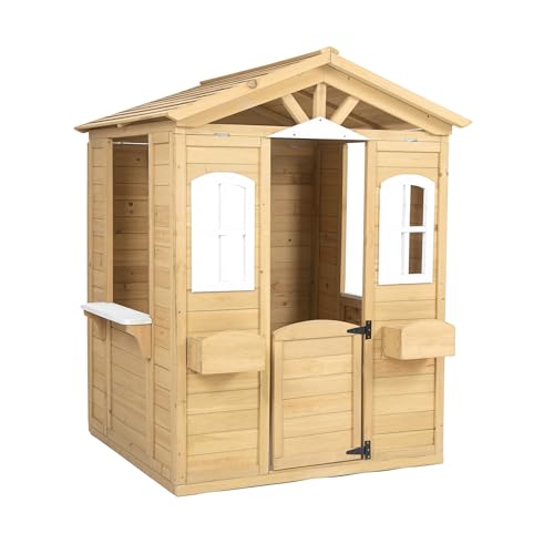 Outdoor Playhouse for Kids, Wooden Playhouse with Door, 2 Windows, 2 Planter Racks, 2 Open Service Stations Kids Gift for Birthday Children\'s Day Christmas