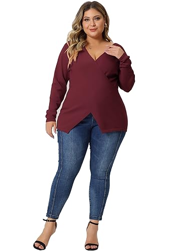 Image of Agnes Orinda Plus Size Knit Tops for Women Wrap V Neck Criss Cross Long Sleeve Asymmetrical Sweater