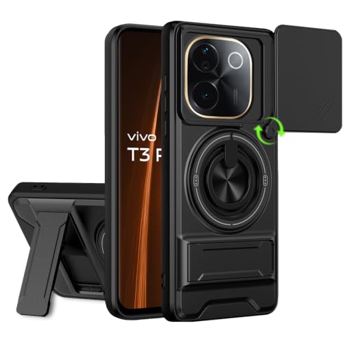 Image of AESTMO Vivo T3 Pro 5G Back Cover | Armor Camera Slider 360 Degree Rotating Finger Ring Holder Case with Bracket Stand Back Case Cover (Compatible with MagSafe Accessories) (Black)
