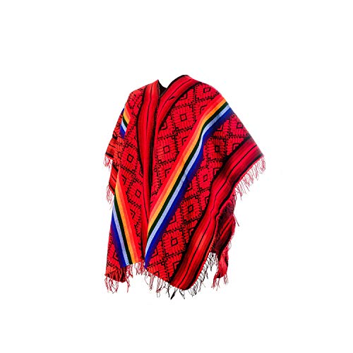 Peruvian Traditional Wool Blend Poncho - Red/Black/Rainbow2