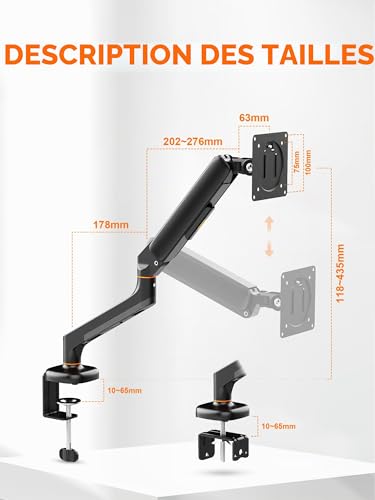 Ibergrif Bras Écran PC pour Moniteur 13-32 Pouces, Support Écran Ergonomique à Ressort à Gaz, Réglable en Hauteur, Inclinable, Pivotant, Rotatif avec Gestion des Câbles, VESA 75/100mm, MA001 -Noir – vue 8