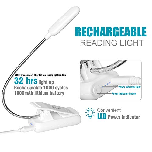 Image of VAVOFO Book Light, Rechargeable Clip On Reading Light 7 LEDs with 9 Brightness Levels for Bed and Desk Studying (White 2-Pack)