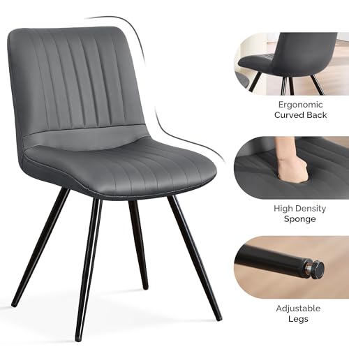 Image of Dining Chairs Set of 2, Modern Dining Chairs with Thick Cushions, PU Leather Upholstered Kitchen Dining Room Chairs with Metal Legs for Dining Living Room (Dark Grey)
