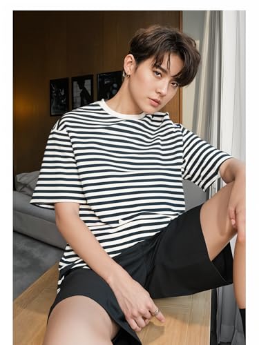 Image of Mack Jonney Oversized | Loose Fit | Half Sleeves 100% Cotton Round Neck Striped T-Shirt for Men-MACK640558