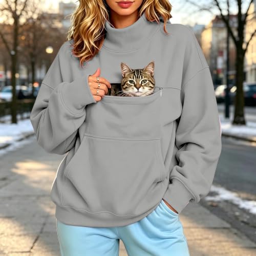 Cat Pouch Winter Kangaroo Pocket Mock Neck Cute Sweatshirts for Women - image 2