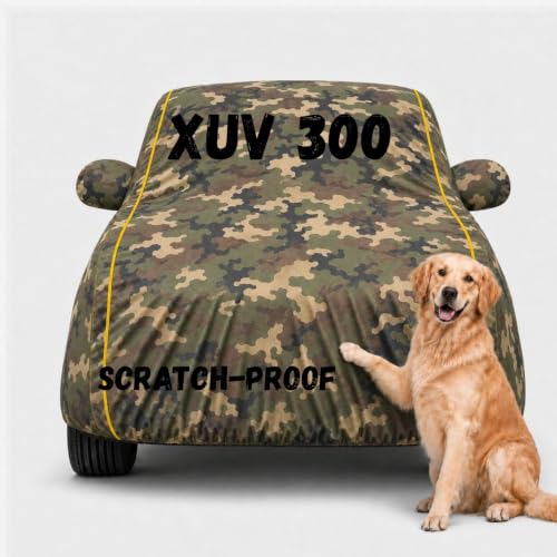 Image of Waterproof Car Cover for Xuv 300 | Soft Cotton Lining Heavy Duty Triple Stitched Heat Resistant Outdoor Cover Comes with Mirror and Antenna Pocket Full Bottom Elastic (Jungle)