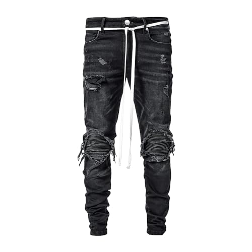 Men's Drawstring Waist Ripped Jeans Casual Outdoor Cotton Jeans Pants Distressed Cargo Denim Pant