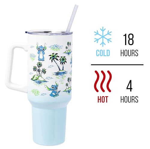 Image of Silver Buffalo Disney Lilo and Stitch Vintage Sketch Palm Trees & Flowers Double Walled Stainless Steel Tumbler with Handle and Straw, Fits in Standard Cup Holder, 40 Ounces (Pack of 12)
