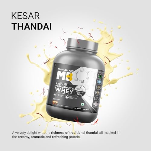 Image of MuscleBlaze Biozyme Performance Whey Protein Powder, Kesar Thandai (2kg / 4.4lbs) | 25g Protein Per Scoop | Clinically Tested 50% Higher Protein Absorption