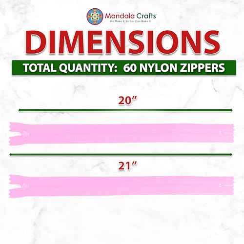 Image of Mandala Crafts 60 PCs Pink Closed-End 20 Inches Nylon Zippers for Sewing