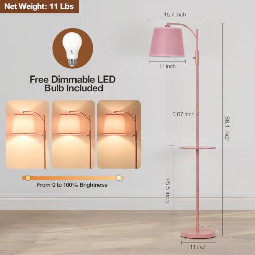 Image of AIDENOEY Fully Dimmable Floor Lamp for Living Room，Standing Lamp Rotary Switch with Table&Linen Beige Shade，Pink Tall Lamps for Bedroom with Adjust Head，9W LED Bulb Included